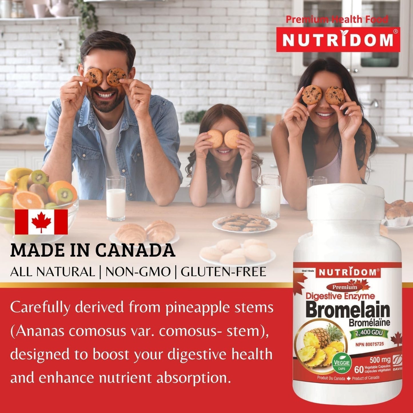 Nutridom Bromelain Digestive Enzyme Pineapple Supplements - 2400 GDU, 500mg - Non-GMO, Vegan, Gluten/Soy/Dairy-Free (60 Count)