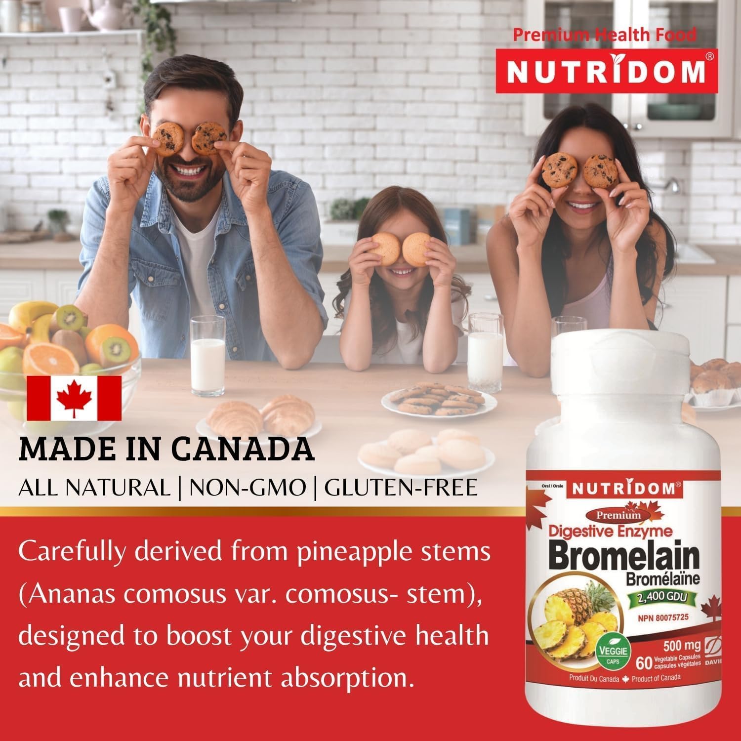 Nutridom Bromelain Digestive Enzyme Pineapple Supplements - 2400 GDU, 500mg - Non-GMO, Vegan, Gluten/Soy/Dairy-Free (60 Count)