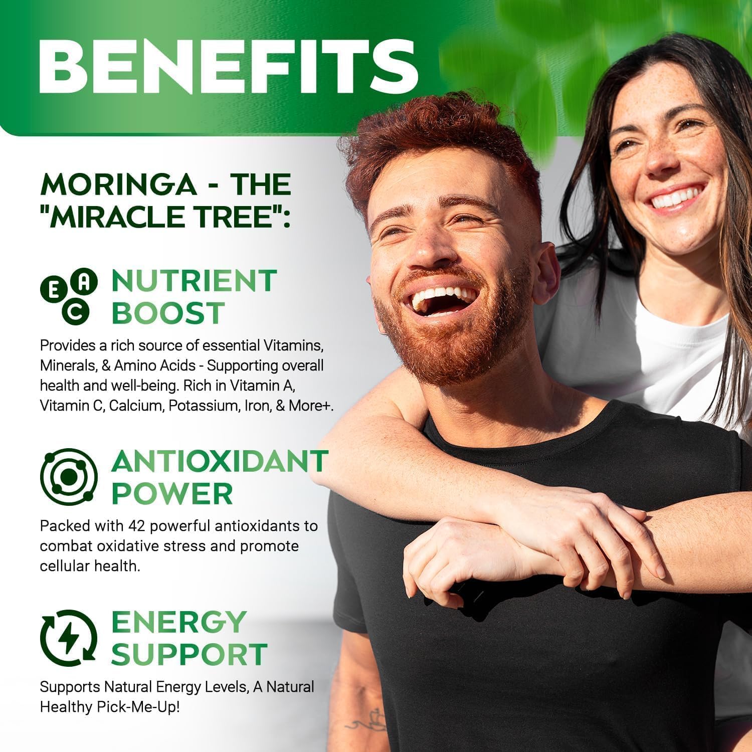 Nutrient-Rich Moringa Powder Capsules - Natural Antioxidant Superfood - Energy, Skin, Gut Health - Packed with Essential Vitamins & Amino Acids - 2 Pack
