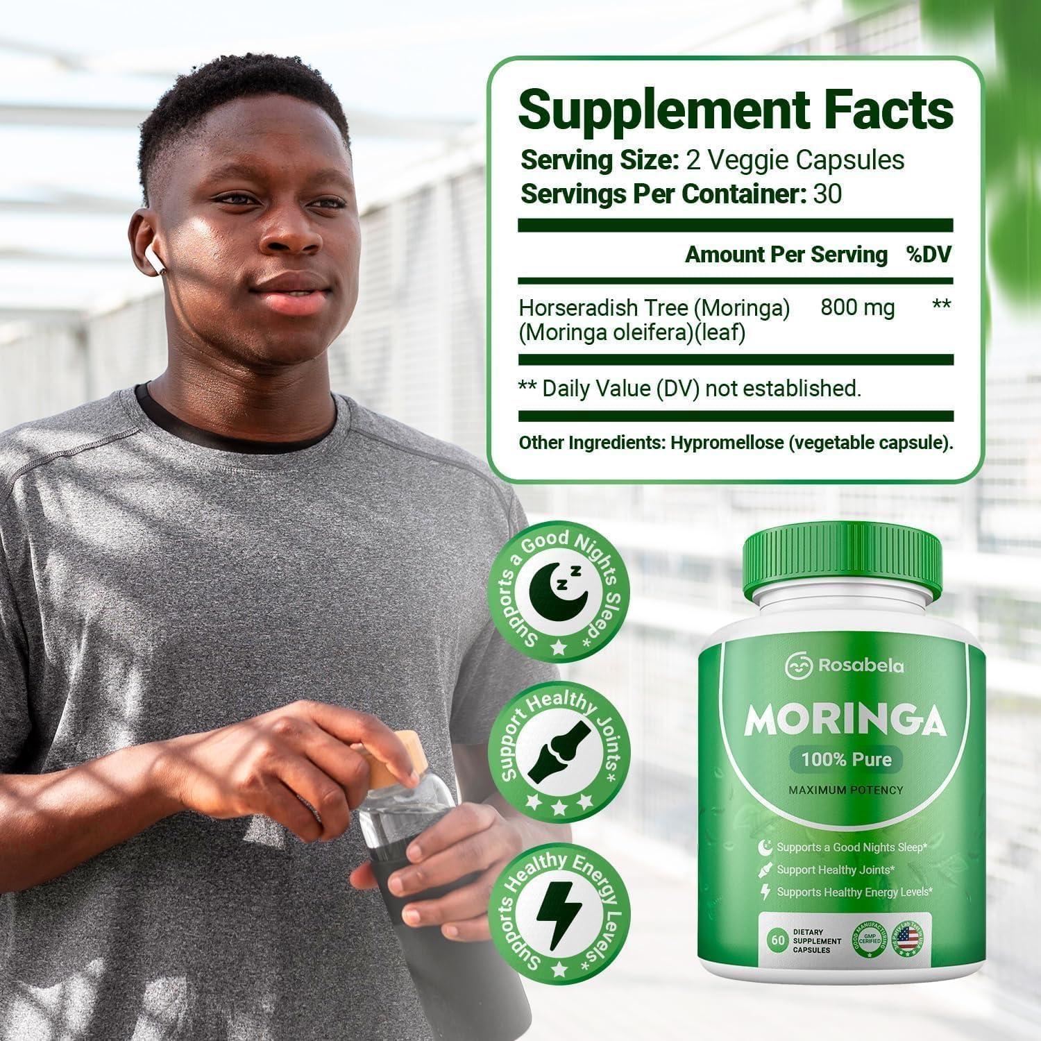 Nutrient-Rich Moringa Powder Capsules - Natural Antioxidant Superfood - Energy, Skin, Gut Health - Packed with Essential Vitamins & Amino Acids - 2 Pack