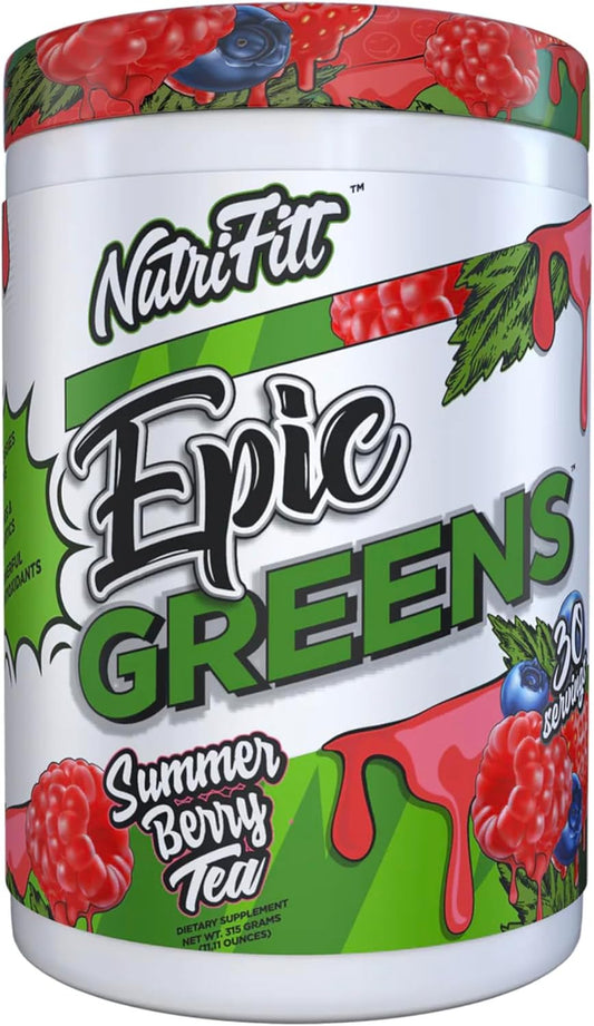 NutriFitt Epic Greens Blend - Antioxidants, Fruits, Veggies, Mushrooms - Performance Boost & Recovery - 30 Servings, Summer Berry Tea