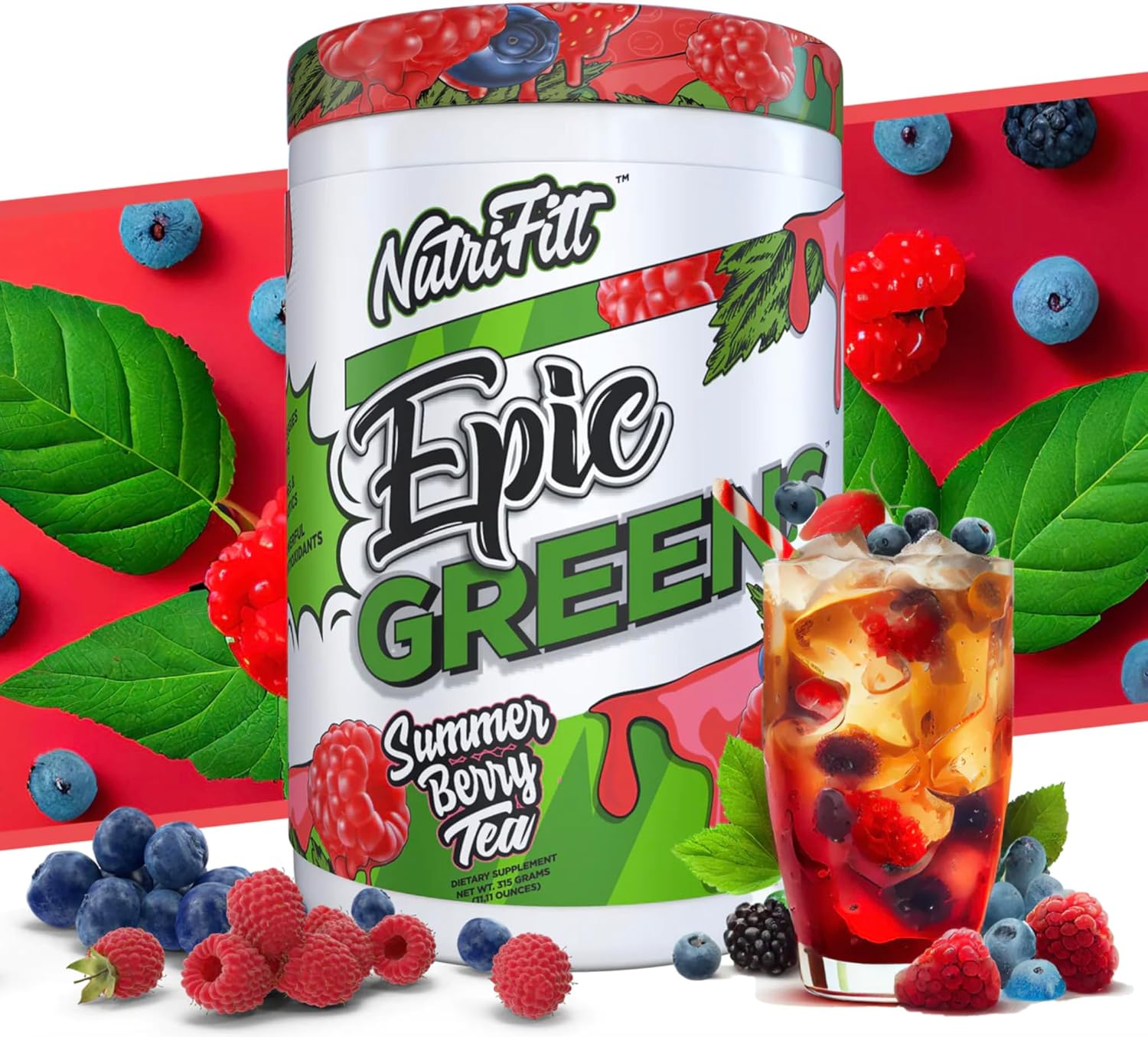 NutriFitt Epic Greens Blend - Antioxidants, Fruits, Veggies, Mushrooms - Performance Boost & Recovery - 30 Servings, Summer Berry Tea