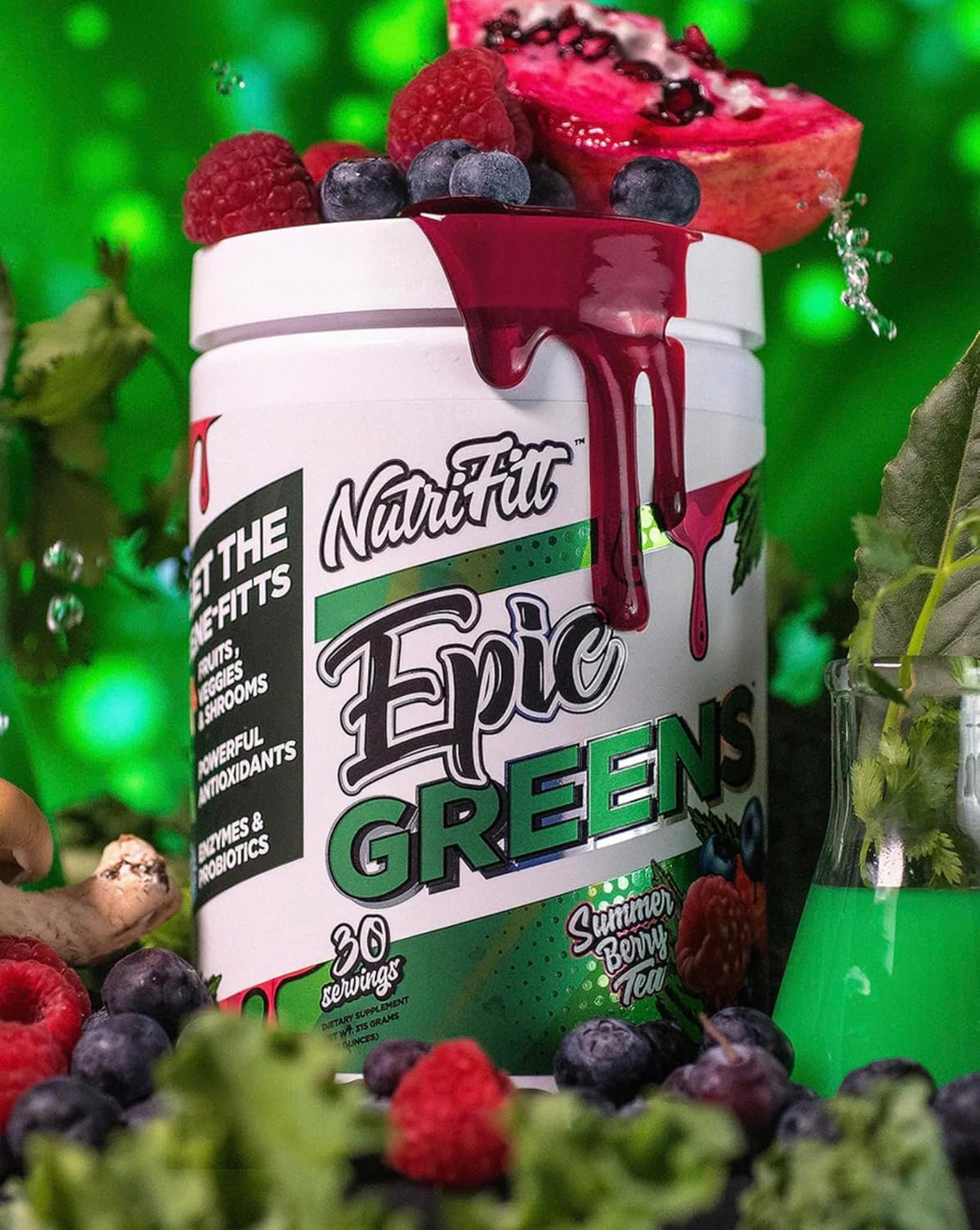 NutriFitt Epic Greens Blend - Antioxidants, Fruits, Veggies, Mushrooms - Performance Boost & Recovery - 30 Servings, Summer Berry Tea