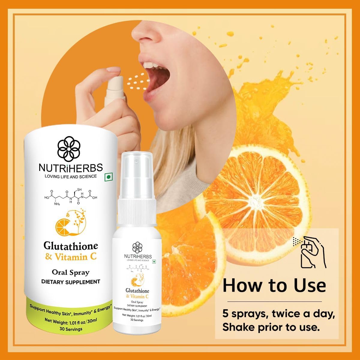 Nutriherbs Glutathione Oral Spray with Vitamin C - Supports Immunity & Healthy Skin (30 ml Pack of 2)
