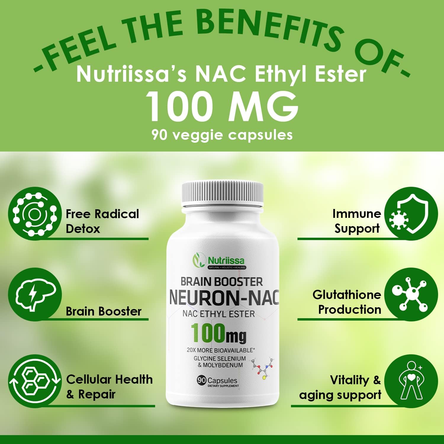 Nutriissa Neuron NAC Supplement - 20x More Bioavailable N-Acetyl Cysteine Ester - Boost Glutathione - 10x More Effective Than Liposomal Glutathione - 90 Capsules