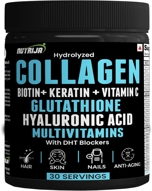 NutriJa Collagen Powder with Glutathione, Hyaluronic Acid, Vitamin C, E, Zinc - 30 Servings (Unflavoured)含DHT Blockers & Multivitamins