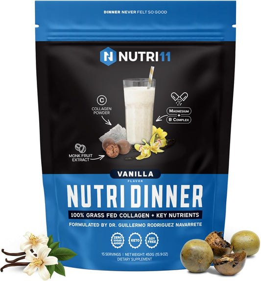 Nutrillermo Nutri11 NutriDinner: Grass-Fed Collagen Protein Powder with Magnesium, B-Vitamins for Sleep & Recovery (Vanilla 14.9oz)