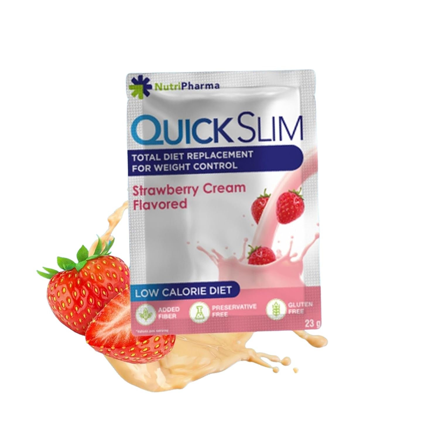 NUTRIPHARMA Quick Slim High Protein Meal Replacement Shake for  Slimming Formula , Men & Women, Low Carb, Keto, Intermittent Fasting - Strawberry Cream Flavor - Gluten Free - 1 Serving