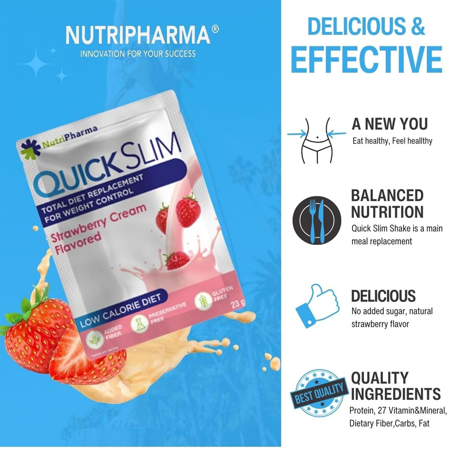 NUTRIPHARMA Quick Slim High Protein Meal Replacement Shake for  Slimming Formula , Men & Women, Low Carb, Keto, Intermittent Fasting - Strawberry Cream Flavor - Gluten Free - 1 Serving