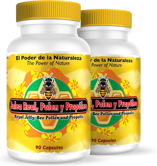 Nutrisalud Triple Action Capsules: Royal Jelly, Pollen, and Propolis. High Potency Rejuvenating Tonic. Set of 2 Bottles with 90 Capsules Each.