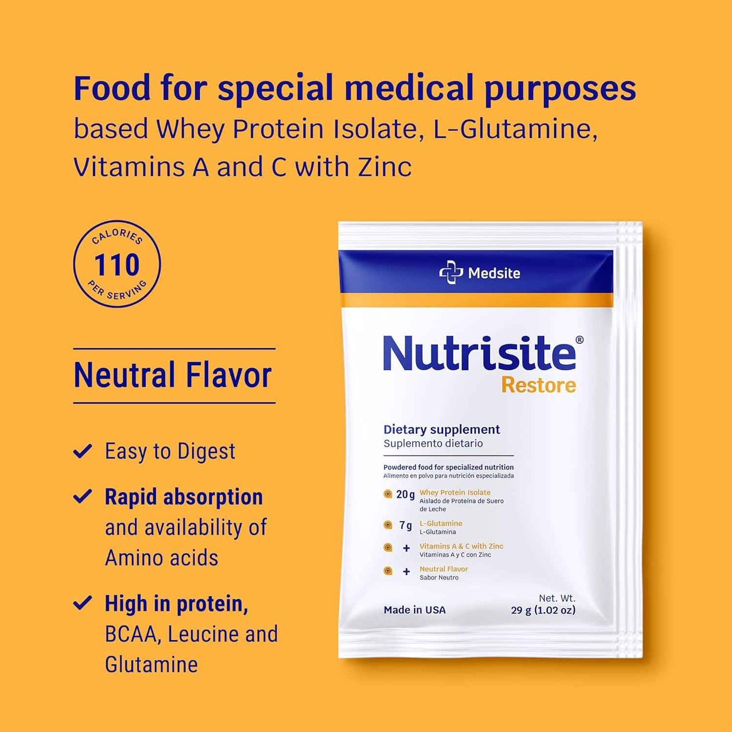 Nutrisite Restore Powder for Wound Healing Support, Includes Whey Isolate Protein, L-Glutamine, Vitamins A, C, and Zinc – Gluten and Sacarose Free, Unflavored (1 Serving) 1.02 Oz