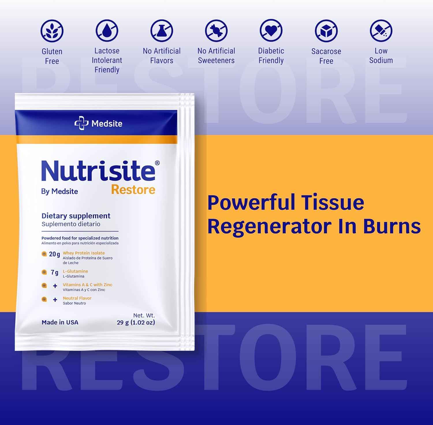 Nutrisite Restore Powder for Wound Healing Support, Includes Whey Isolate Protein, L-Glutamine, Vitamins A, C, and Zinc – Gluten and Sacarose Free, Unflavored (1 Serving) 1.02 Oz
