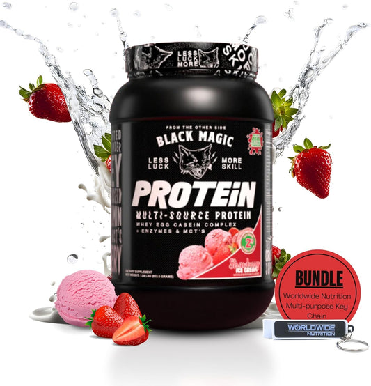 Nutrition Bundle with Black Magic Protein Powder - 2LB Strawberry Ice Cream Flavor, Multi-Source Protein Complex with Enzymes & MCT - Includes Keychain