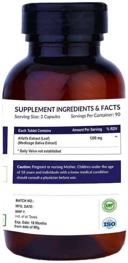 Nutritions Alfalfa 1200mg Supplement Super Green Food for Good Health Cholestrol Management and Respiratory Health Helps for Improve Bowel Movement 90 Vegetarian Capsules