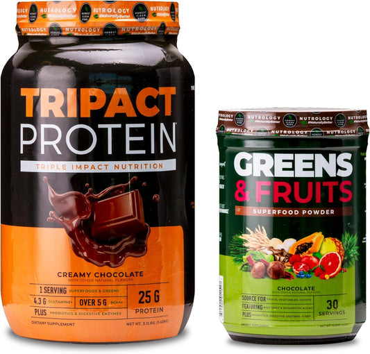 Nutrology TRIPACT 7-in-1 Protein Powder & Superfood Shake Bundle - Creamy Chocolate Flavor - 40 Servings Protein Powder, 30 Servings Superfood Powder