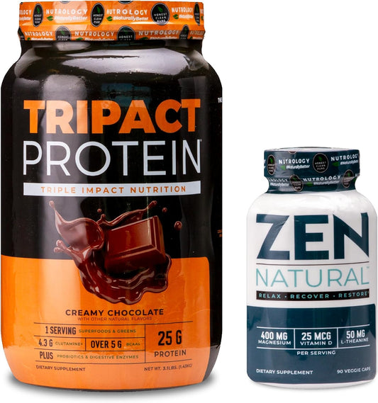 Nutrology TRIPACT Protein Powder & Zen Natural Magnesium Bundle - Creamy Chocolate Protein Shake & Relaxing Supplement