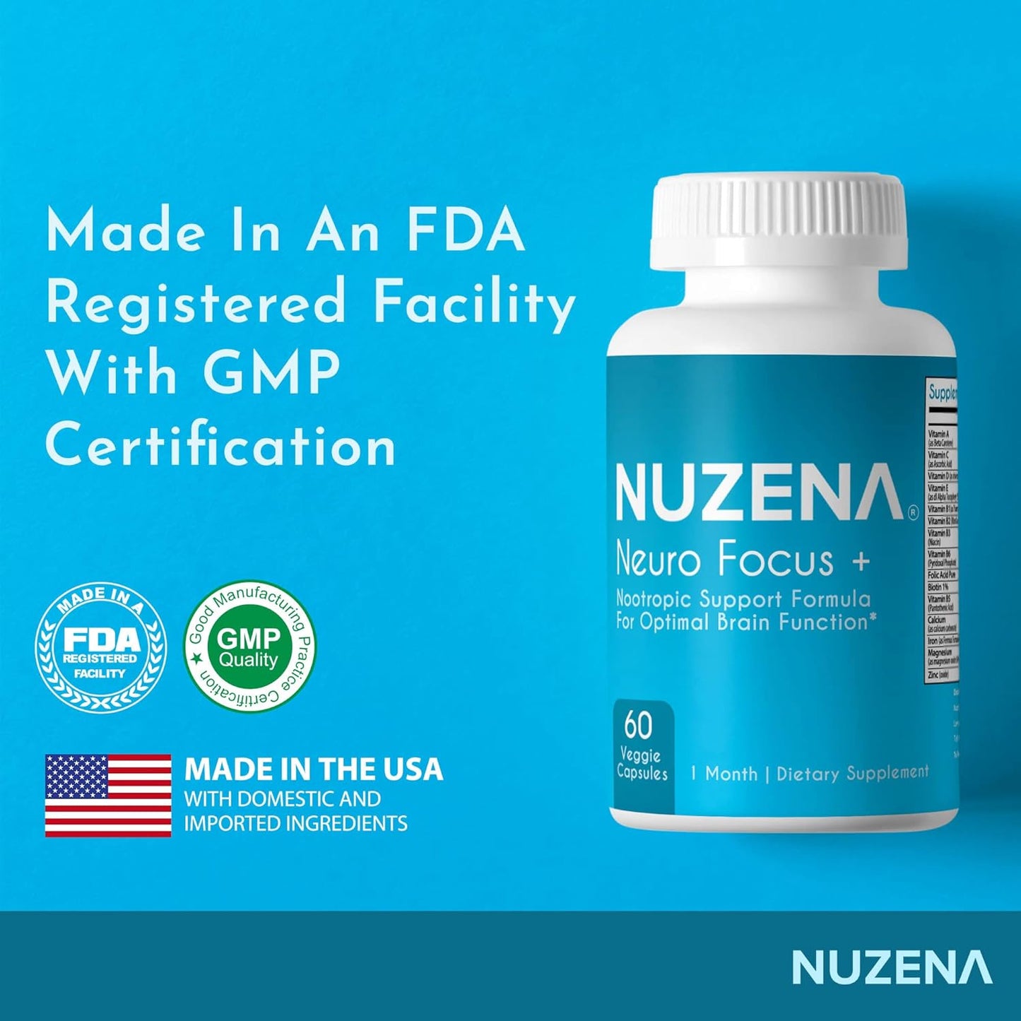 Nuzena Neuro Focus +: 60 Capsules of Advanced Nootropic Formula with Choline for Memory, Brain Speed, Energy, and Focus - Made in USA
