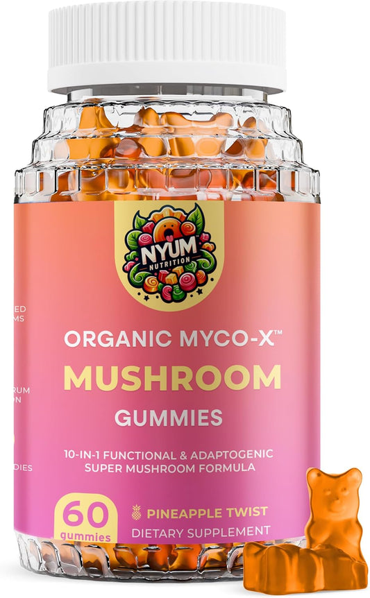 Nyum Nutrition Organic Fucoidan Force Myco-X Mushroom Gummies - 10-in-1 Formula, Pineapple Twist - 60 Count