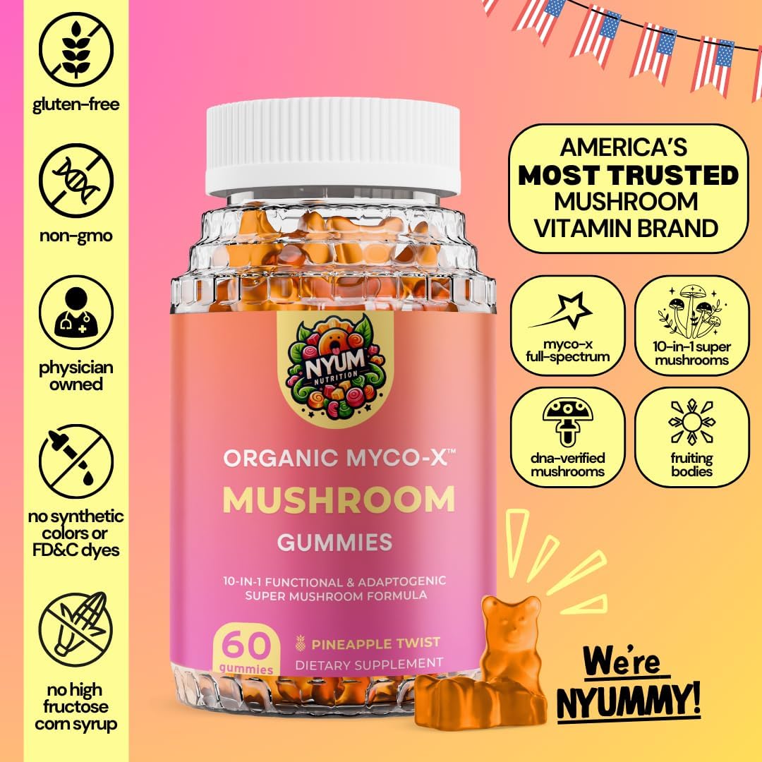 Nyum Nutrition Organic Fucoidan Force Myco-X Mushroom Gummies - 10-in-1 Formula, Pineapple Twist - 60 Count