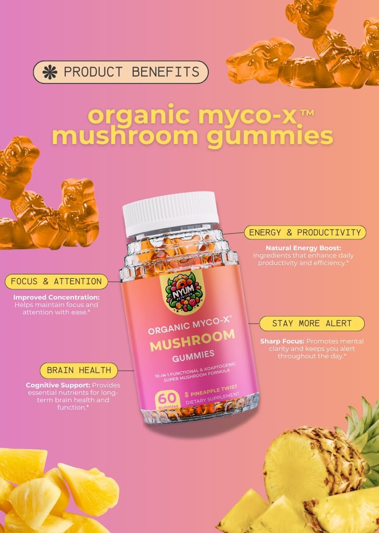 Nyum Nutrition Organic Fucoidan Force Myco-X Mushroom Gummies - 10-in-1 Formula, Pineapple Twist - 60 Count