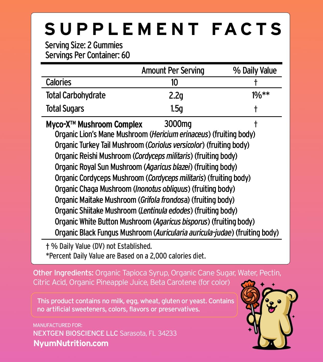 Nyum Nutrition Organic Fucoidan Force Myco-X Mushroom Gummies - 10-in-1 Formula, Pineapple Twist - 60 Count