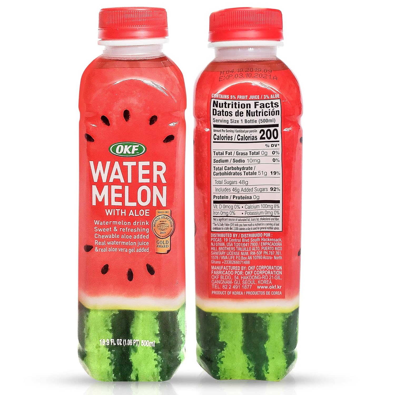 OKF Watermelon with Aloe Vera Drink, Real Watermelon Juice and Aloe Vera Gel, Sweet and Refreshing, Chewable Aloe, 16.9oz (Pack of 6)