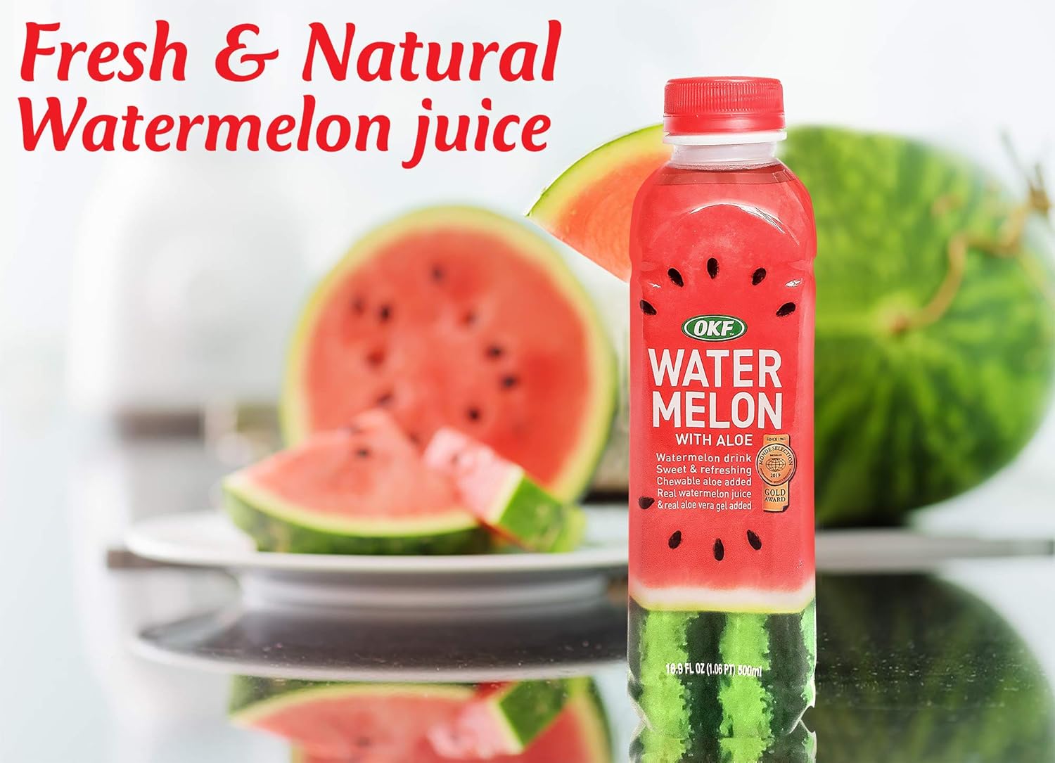 OKF Watermelon with Aloe Vera Drink, Real Watermelon Juice and Aloe Vera Gel, Sweet and Refreshing, Chewable Aloe, 16.9oz (Pack of 6)