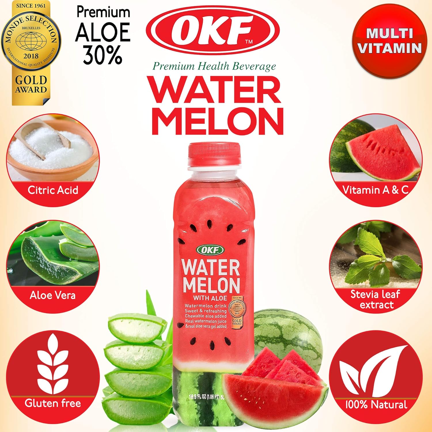 OKF Watermelon with Aloe Vera Drink, Real Watermelon Juice and Aloe Vera Gel, Sweet and Refreshing, Chewable Aloe, 16.9oz (Pack of 6)