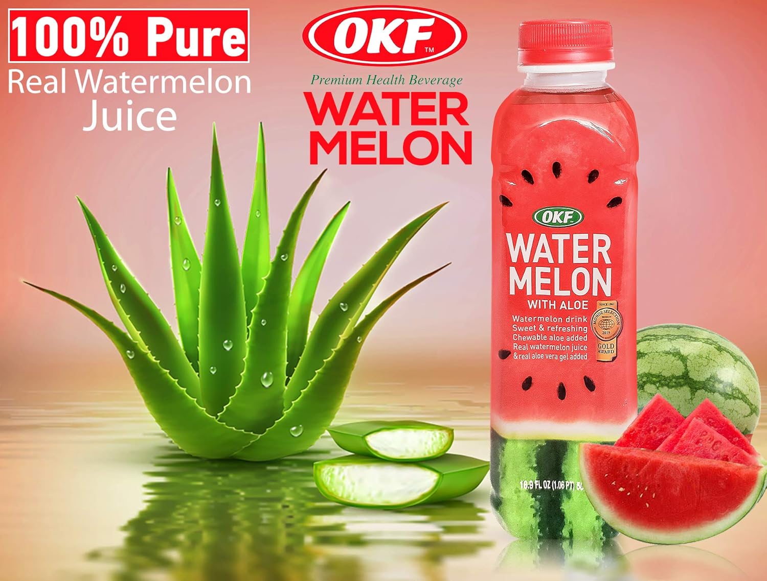 OKF Watermelon with Aloe Vera Drink, Real Watermelon Juice and Aloe Vera Gel, Sweet and Refreshing, Chewable Aloe, 16.9oz (Pack of 6)