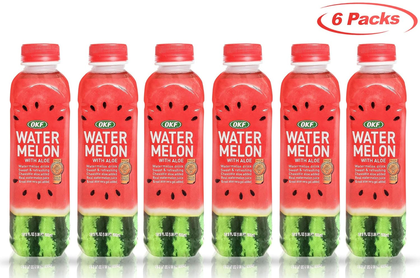 OKF Watermelon with Aloe Vera Drink, Real Watermelon Juice and Aloe Vera Gel, Sweet and Refreshing, Chewable Aloe, 16.9oz (Pack of 6)