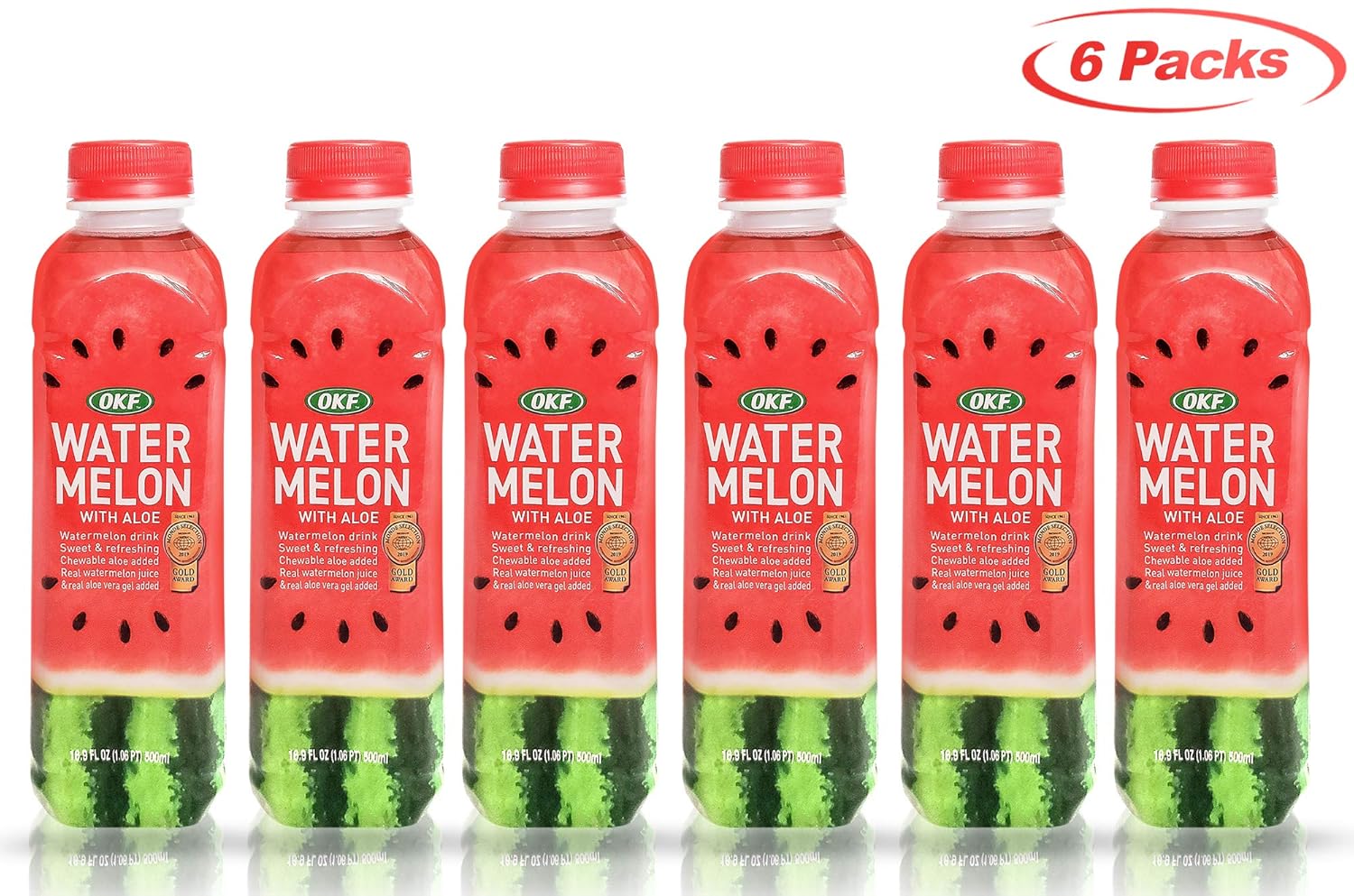 OKF Watermelon with Aloe Vera Drink, Real Watermelon Juice and Aloe Vera Gel, Sweet and Refreshing, Chewable Aloe, 16.9oz (Pack of 6)