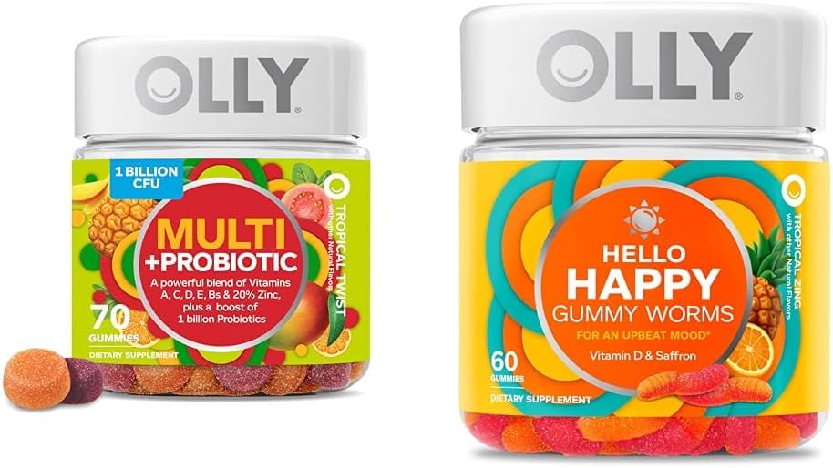 OLLY Multi + Probiotic Adult Multivitamin Gummy with 1 Billion CFUs for Digestive and Immune Support + Hello Happy Gummy Worms for Mood Balance with Vitamin D and Saffron
