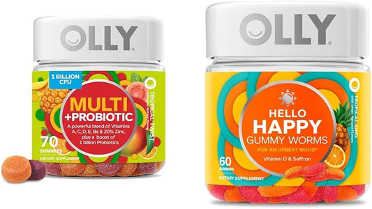 OLLY Multi + Probiotic Adult Multivitamin Gummy with 1 Billion CFUs for Digestive and Immune Support + Hello Happy Gummy Worms for Mood Balance with Vitamin D and Saffron
