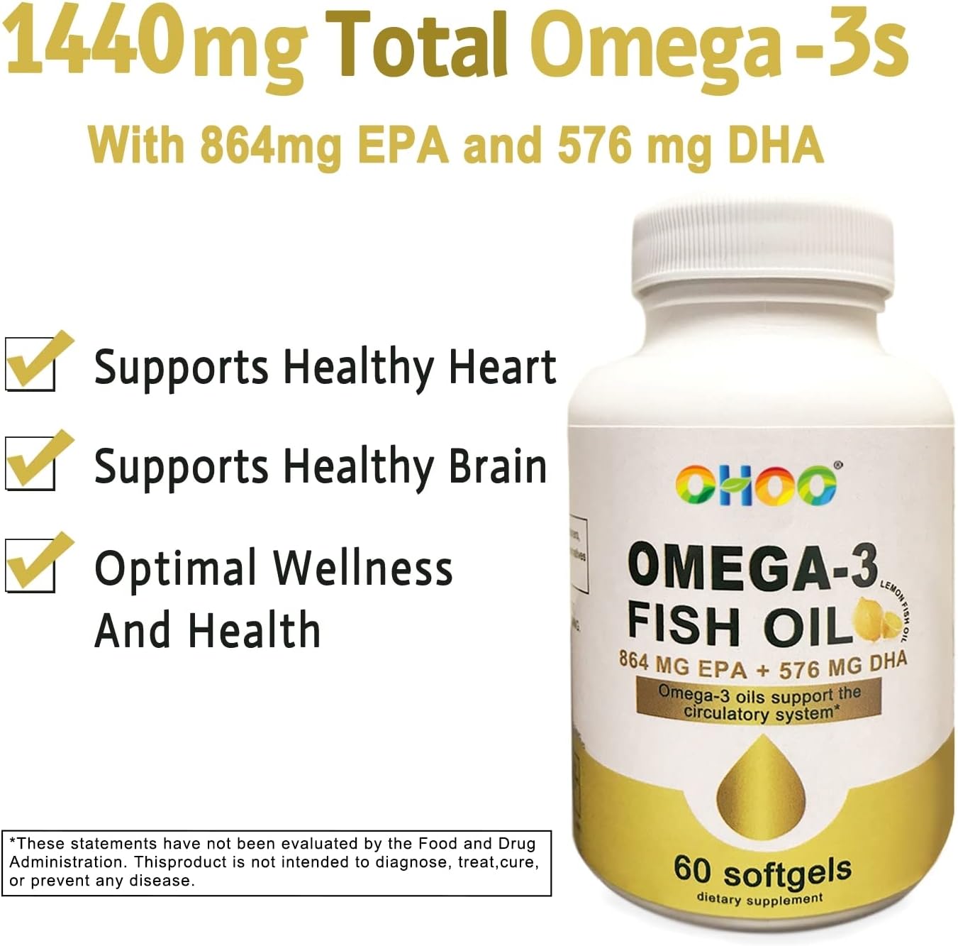 Omega-3 Fish Oil 2400mg with EPA & DHA, Lemon Flavor, Supports Brain, Joint, and Heart Health - Non GMO, Gluten Free, 60 Softgels, Expiration Date: May 31, 2023