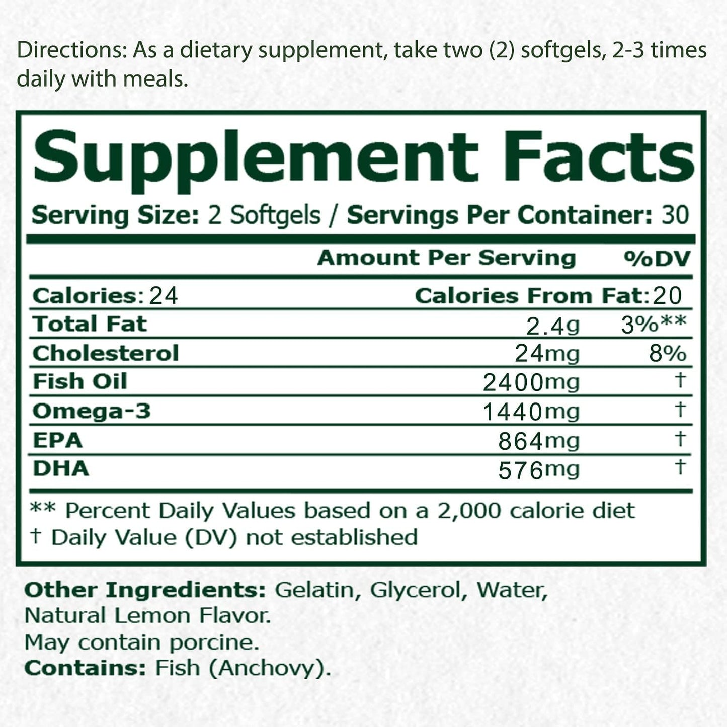 Omega-3 Fish Oil 2400mg with EPA & DHA, Lemon Flavor, Supports Brain, Joint, and Heart Health - Non GMO, Gluten Free, 60 Softgels, Expiration Date: May 31, 2023