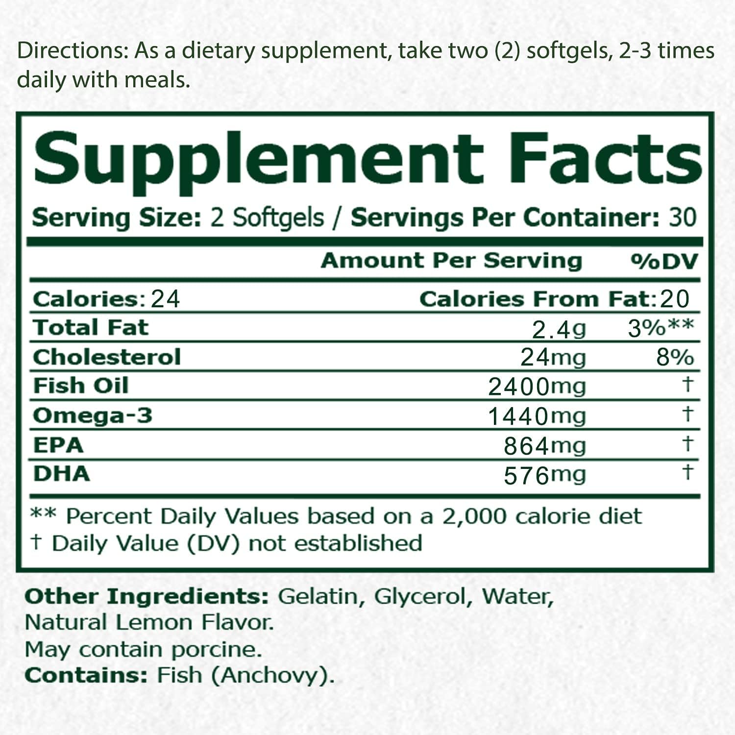Omega-3 Fish Oil 2400mg with EPA & DHA, Lemon Flavor, Supports Brain, Joint, and Heart Health - Non GMO, Gluten Free, 60 Softgels, Expiration Date: May 31, 2023