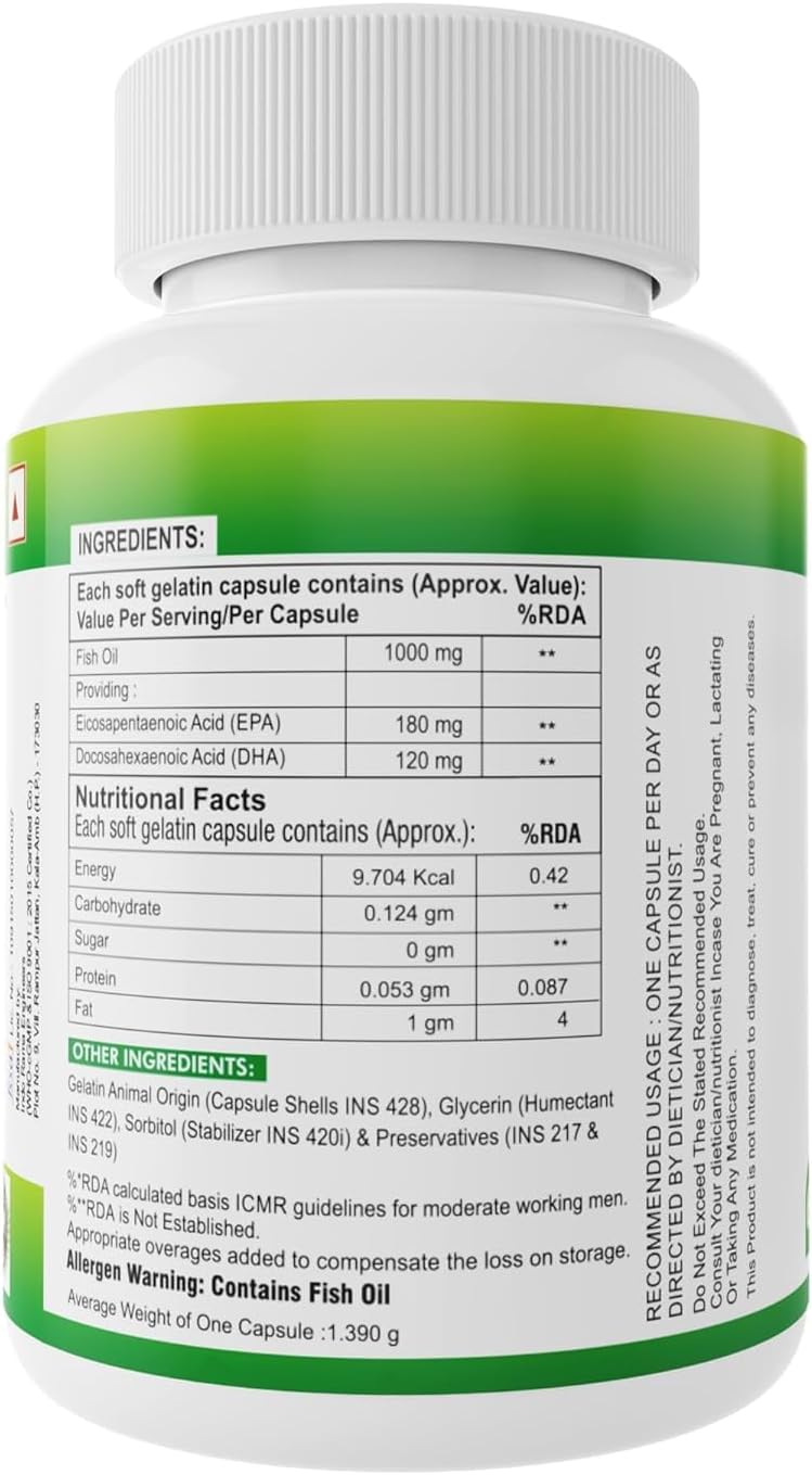 Omega-3 Fish Oil Capsules 1000mg for Heart, Eyes, Brain & Joints - 60 Count for Men & Women - EPA-DHA 180mg-120mg - 1 Pack