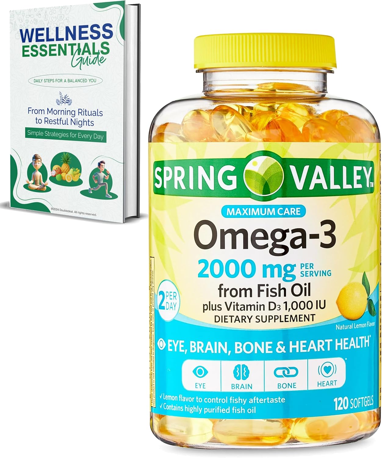 Omega 3 Fish Oil Softgels with Vitamin D3 1000 IU - 2000mg, 120 Count - Lemon Flavor - Heart Health, Eye, Brain & Bone Support