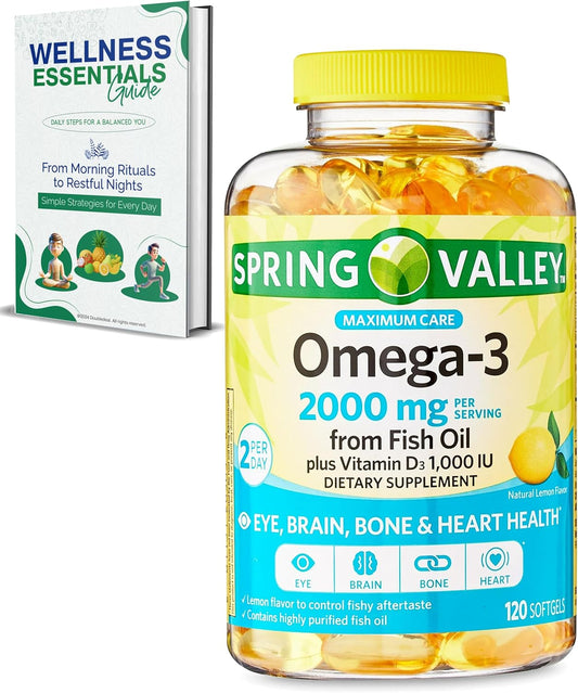 Omega 3 Fish Oil Softgels with Vitamin D3 1000 IU - 2000mg, 120 Count - Lemon Flavor - Heart Health, Eye, Brain & Bone Support