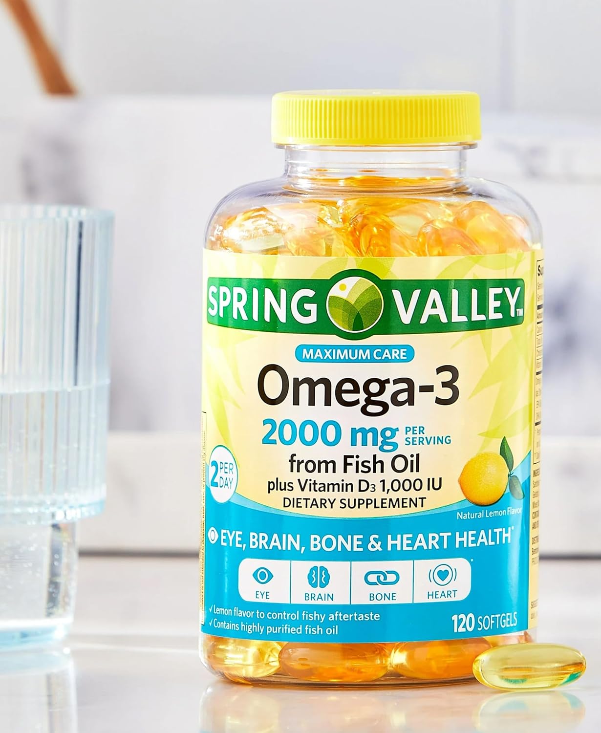 Omega 3 Fish Oil Softgels with Vitamin D3 1000 IU - 2000mg, 120 Count - Lemon Flavor - Heart Health, Eye, Brain & Bone Support