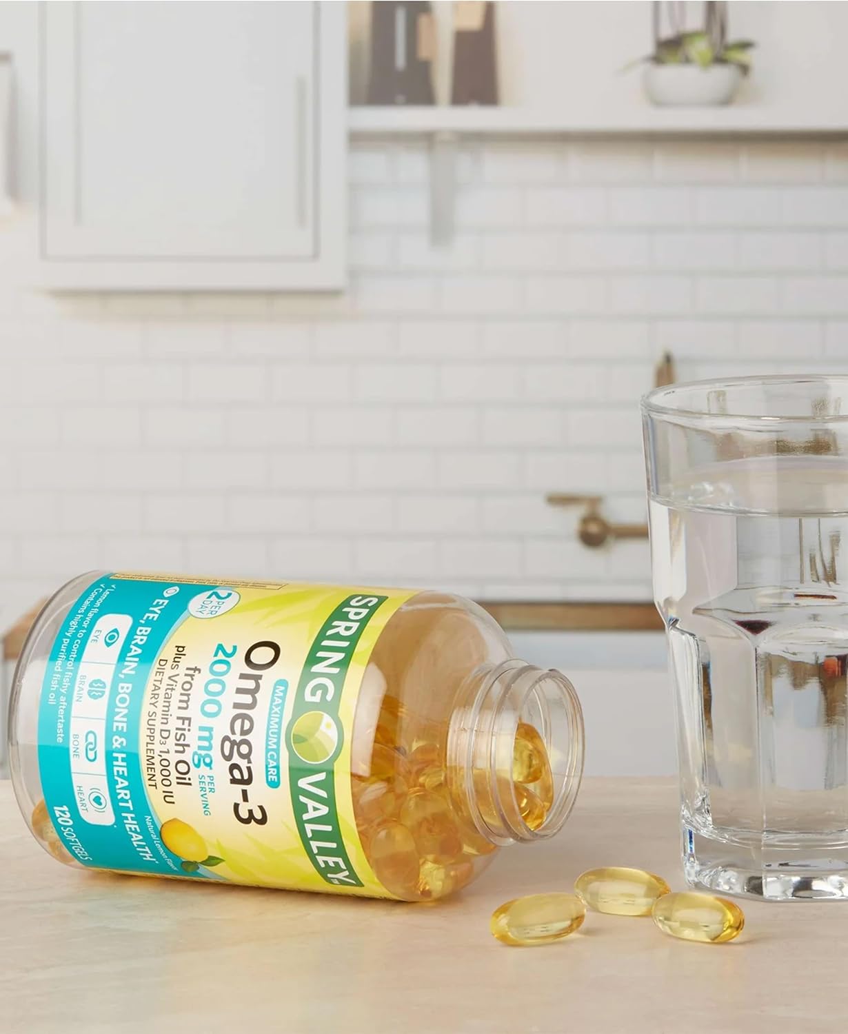 Omega 3 Fish Oil Softgels with Vitamin D3 1000 IU - 2000mg, 120 Count - Lemon Flavor - Heart Health, Eye, Brain & Bone Support