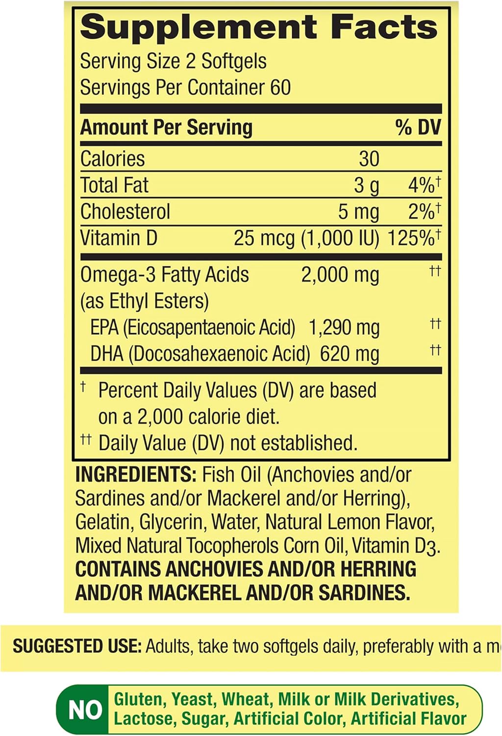 Omega 3 Fish Oil Softgels with Vitamin D3 1000 IU - 2000mg, 120 Count - Lemon Flavor - Heart Health, Eye, Brain & Bone Support