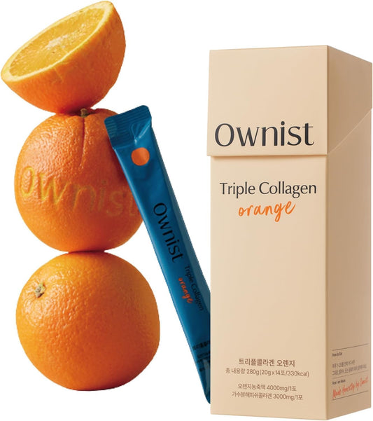 On-The-Go Triple Collagen Liquid Packets with Peptides, Marine Collagen, Elastin, Hyaluronic Acid, and Vitamins for Healthy Skin - Orange Flavor - 14 Stick Packs