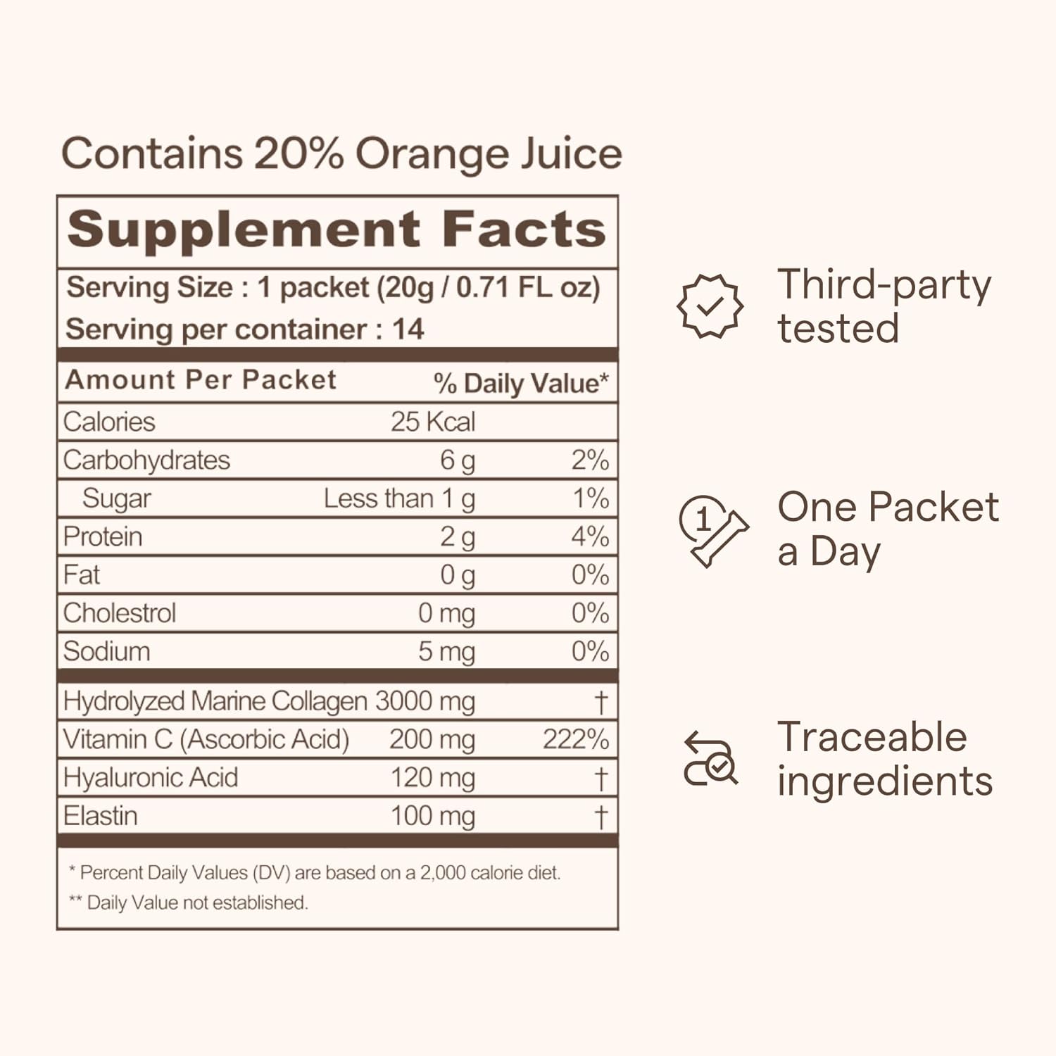 On-The-Go Triple Collagen Liquid Packets with Peptides, Marine Collagen, Elastin, Hyaluronic Acid, and Vitamins for Healthy Skin - Orange Flavor - 14 Stick Packs