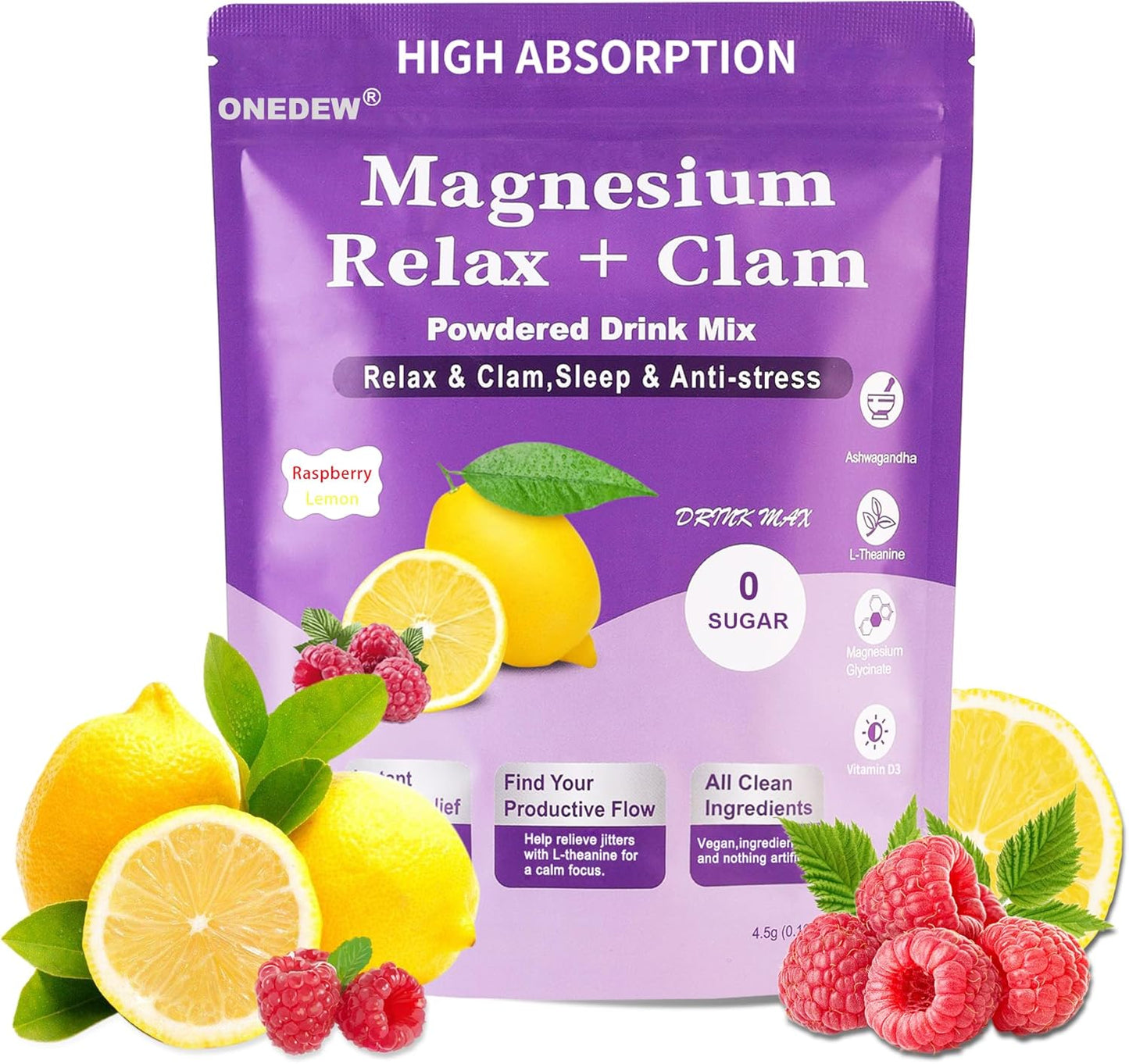 ONEDEW Calm Magnesium Powder with L-Theanine, Magnesium Glycinate, and Ashwagandha - Anti-Stress Relaxation Drink Mix for Better Sleep - 20 Packets