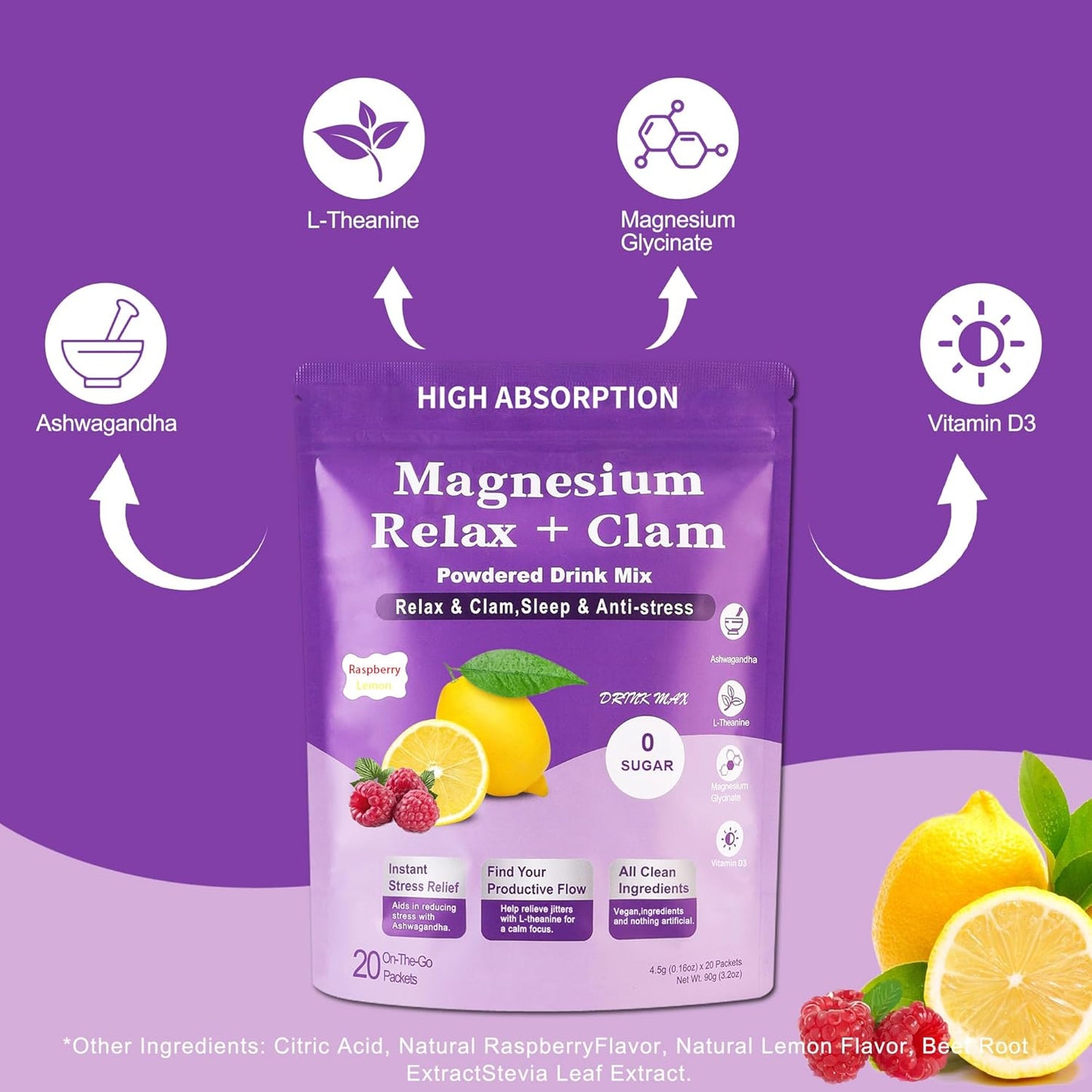 ONEDEW Calm Magnesium Powder with L-Theanine, Magnesium Glycinate, and Ashwagandha - Anti-Stress Relaxation Drink Mix for Better Sleep - 20 Packets