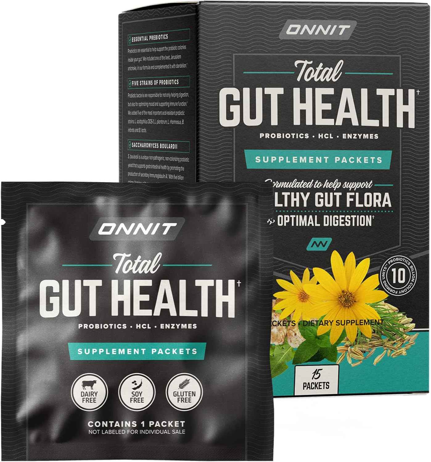 ONNIT Total Gut Health Daily Digestive Support, Complete Digestion Supplement for Women and Men with 7 Strains of Probiotics, Prebiotics, Enzymes and Betaine HCL, 60 Count