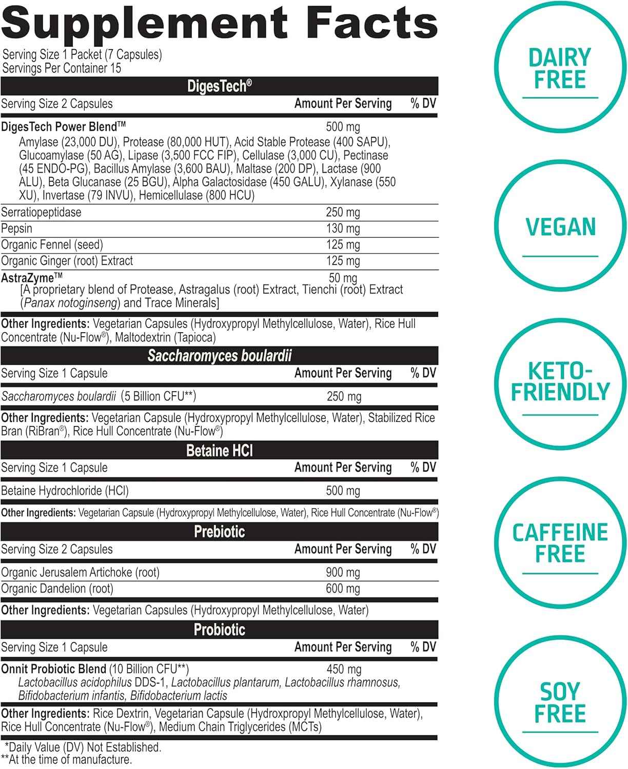 ONNIT Total Gut Health Daily Digestive Support, Complete Digestion Supplement for Women and Men with 7 Strains of Probiotics, Prebiotics, Enzymes and Betaine HCL, 60 Count