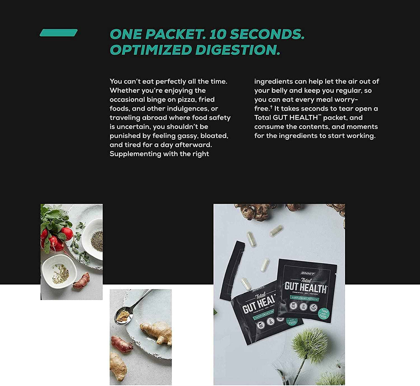 ONNIT Total Gut Health Daily Digestive Support, Complete Digestion Supplement for Women and Men with 7 Strains of Probiotics, Prebiotics, Enzymes and Betaine HCL, 60 Count