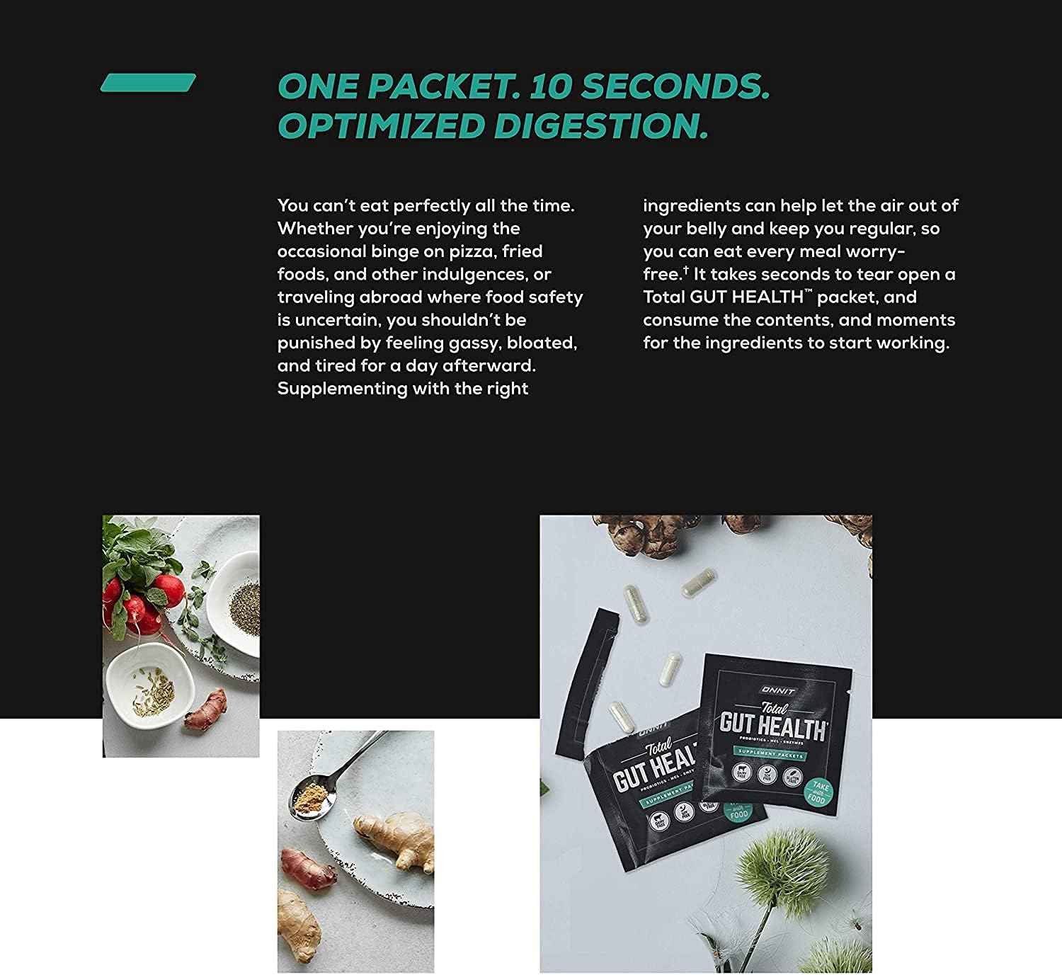 ONNIT Total Gut Health Daily Digestive Support, Complete Digestion Supplement for Women and Men with 7 Strains of Probiotics, Prebiotics, Enzymes and Betaine HCL, 60 Count